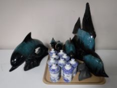 A tray of nine Spode Blue Room Collection spice jars and six Blue Mountain Pottery fish ornaments