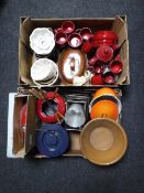 Two boxes of tea service, jelly moulds, fondue set,