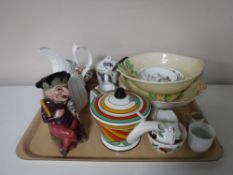 A tray of Carlton Ware dish, Maling bowl, Staffordshire jug, toby jug, teapot,