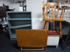 A pine armchair, loom blanket box, teak folding table,