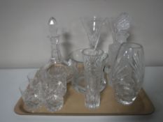 A tray containing a lead crystal ships decanter, glass ice bucket, whiskey tumblers,