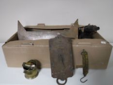 A box containing metal ware including blow torch,