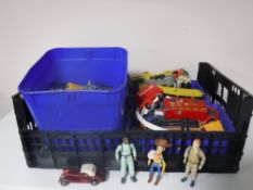 A crate of play worn die cast vehicles - Matchbox etc and a box of toys and action