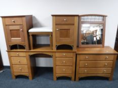 A contemporary knee hole dressing table with stool and mirror,