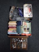 Three crates of assorted glassware, lady's hand bags, hearth rug, books,