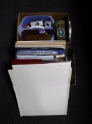 Two boxes of artist's paper, brushes, crafting tools, computer software,