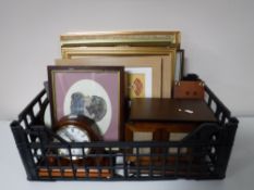 A box containing assorted framed pictures and prints, a mahogany jewellery casket,