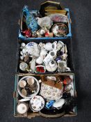 Three boxes containing miscellaneous china, china, beersteins,