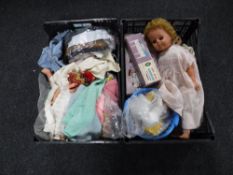 Two boxes containing mid twentieth century dolls and dolls clothes, Lego,