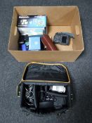 A box of Panasonic & Sony video cameras, cased binoculars, vintage mobile phone by Motorola,