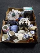 Two boxes of assorted china - Ringtons, delft tankard, comport,