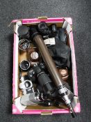 One box containing photographic equipment including a Carl Zeiss lens, telescope,