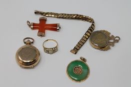 A Victorian gold plated sovereign case together with a three stone opal ring set with rose cut