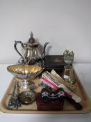 A tray of assorted plated ware, opera glasses, hand fans, letter openers,