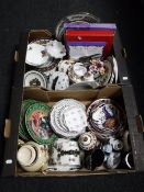 Two boxes containing assorted tea china, wall plates, Royal Worcester ramekins, cutlery,