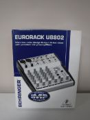 A boxed Behringer Eurorack UB802 two channel mixer