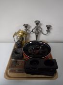 A tray of plated candelabra, anniversary clock, large collection on pipes, trinket box,