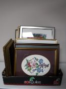 A box of assorted pictures and prints including a gilt framed manuscript collection print,