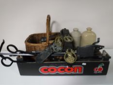 A box of wicker hand basket, framed miniatures, companion set, horse brasses,