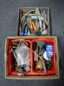 Two boxes and a drawer of assorted tools, hard ware,