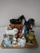 A tray of two Beswick shire horses, Beswick highland bull, Beswick cat (a/f),