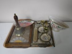 A tray of inlaid butterfly tray, two pieces of Maling ware, brass hand bell,