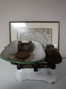 A set of vintage W & T Avery scales together with a framed map of Yorkshire