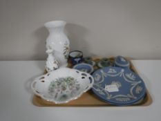 A tray containing seven pieces of Wedgwood Jasper ware,