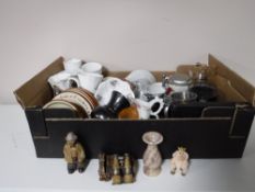 A box containing assorted glassware, tea china, Devon ware tea plates, ornaments,