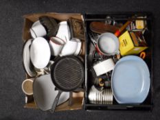 Two boxes of kitchenalia, enamelled ware,