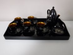 An Oriental lacquered coffee set on tray CONDITION REPORT: 6 saucers but only 5