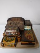A tray of wooden trinket boxes and a sewing basket with contents