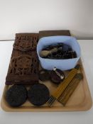 A tray of boxed of assorted keys, carved wooden book slide,