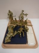 A tray containing brass figures, huntsman, boxed House of Marbles solitaire games, blacksmith,