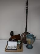 A tray of carved hardwood figure, marquetry panel, plated Art Deco teapot, boxed jewellery set,