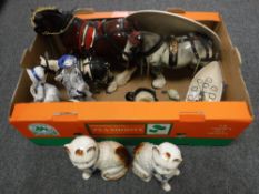 A box of three china shire horses, Maling vase,