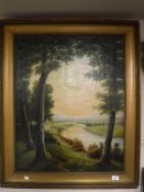 A gilt framed oil on canvas - river scene,