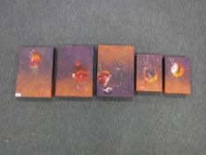 Five un-framed Roydon Astrop oils on canvas - Sneeze, Falling Flying, Purple Flying,