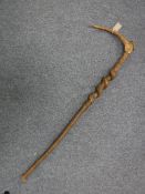 A walking stick with antler handle