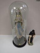 A chalk figure of The Madonna, height 24 inches, under an antique glass dome on wooden plinth,