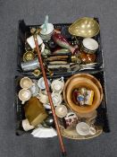 Two boxes of horse head walking stick, brass kitchen scales, wooden pieces,