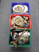 Five boxes of assorted china, figures, Hornsea fauna vase, Maling tea plates, brass oil,