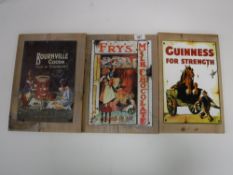 Three metal advertisements mounted on pine boards - Fry's,