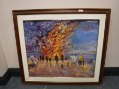 A mahogany framed oil on board - figures near a fire on shore line signed Fiona