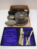 A tray containing twentieth century plated ware and silver, napkin rings, boxed and unboxed cutlery,