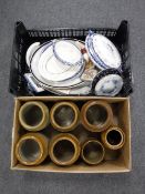 A box of seven stone ware jars, box of late 19th and 20th century meat plates, tureens, tea plates,