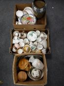 Three boxes of tea china, Royal Doulton Lambeth vase, wooden biscuit barrel,