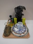 A tray containing a Beswick lustre shell vase, Carlton ware salt and pepper pots,