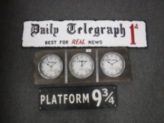 A hand painted Daily Telegraph advertisement on board, wooden platform 9 & 3/4 sign,