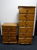 A narrow pine six drawer chest and a matching three drawer chest
